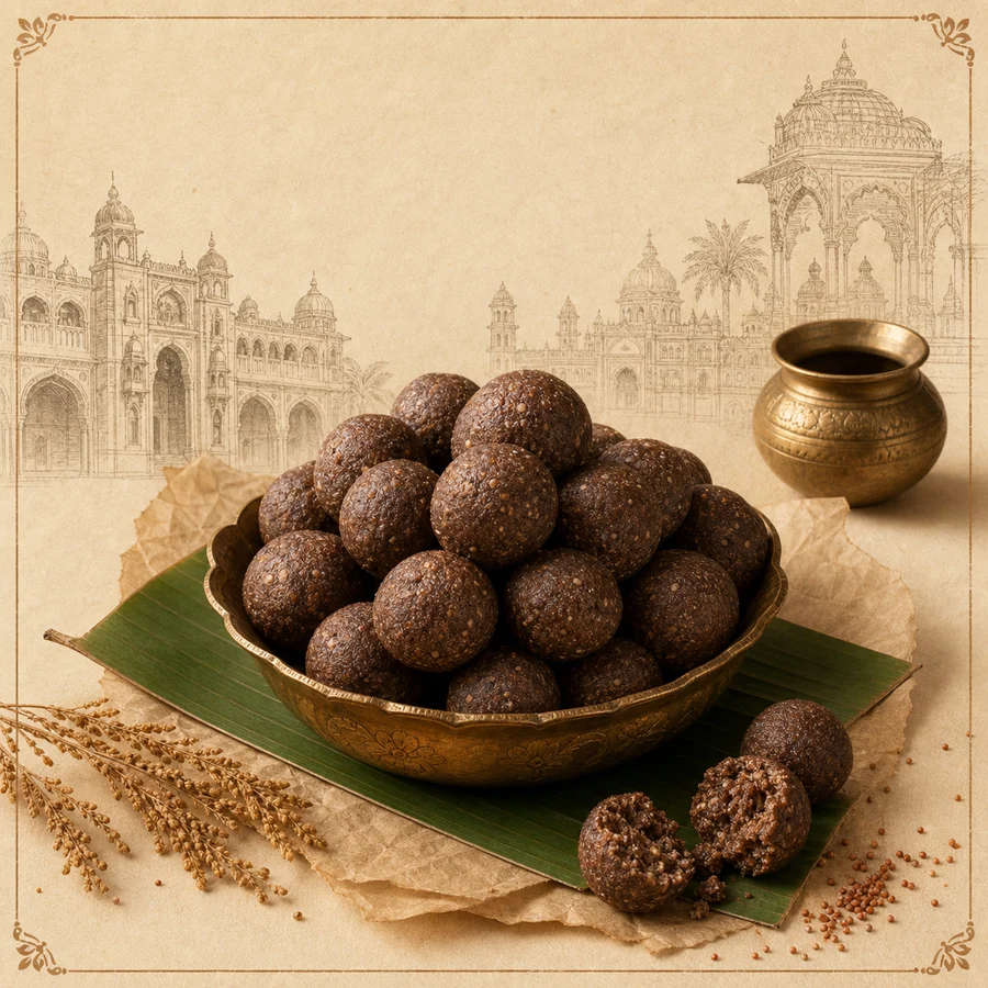 Karnataka Ragi Unde millet balls in a brass bowl