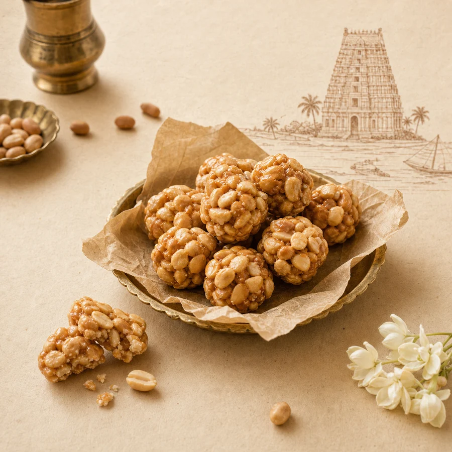 Peanut and jaggery Kovilpatti Kadalai Mittai on a brass plate