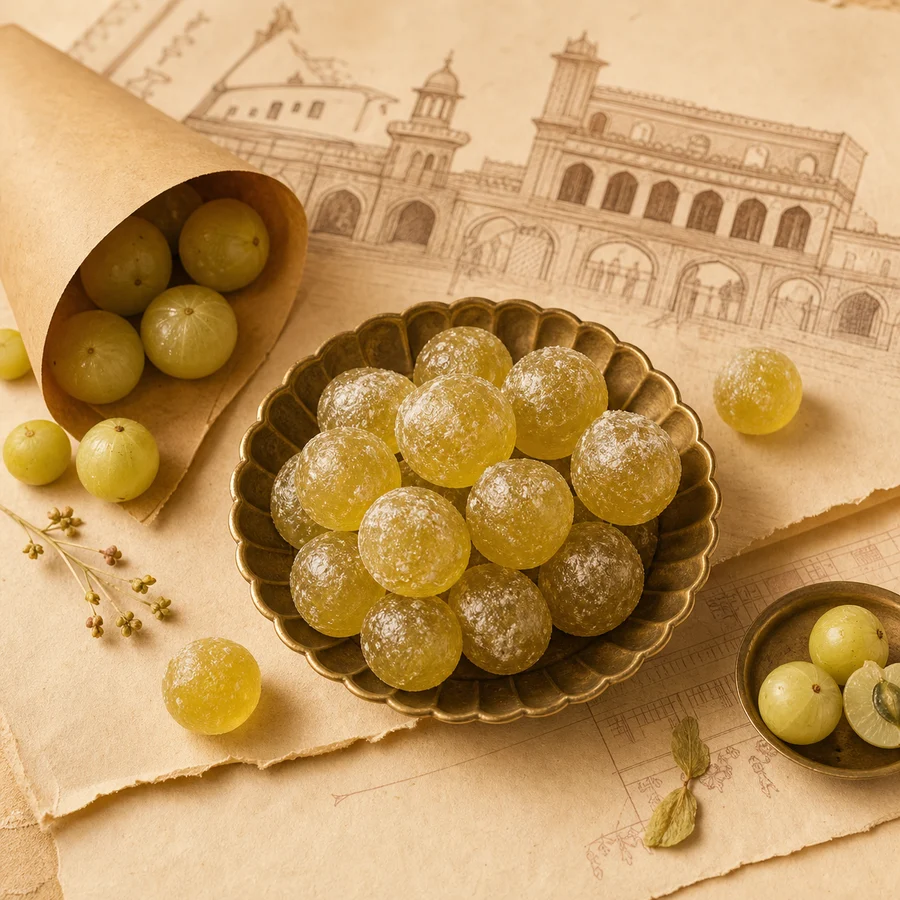Golden green Pratapgarh Amla Candy in a brass bowl